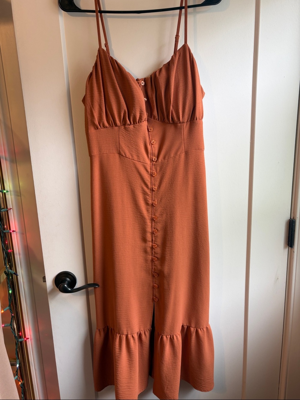 No Boundaries Burnt Orange Midi Dress with Button-Front & Spaghetti Straps